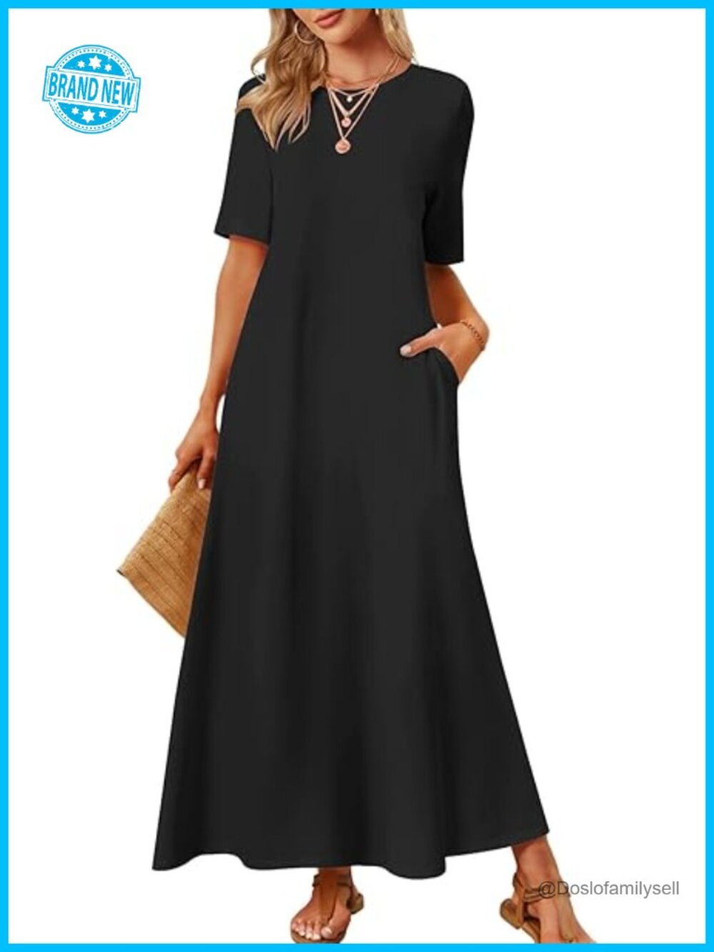 Crew Neck Short Sleeve Maxi Dress with Pockets